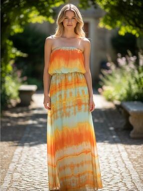 Strapless Tie-Dye Maxi Dress in Orange & Aqua